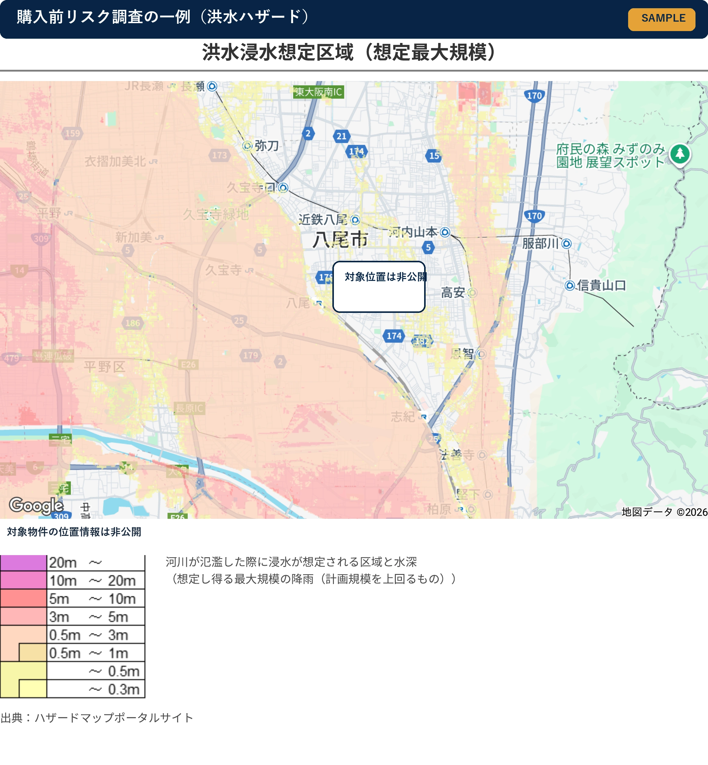 対象物件の位置を非公開にした洪水浸水想定区域と水深凡例の調査サンプル